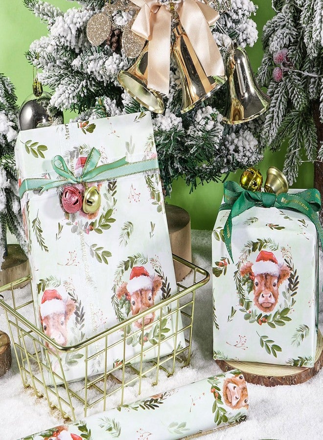LeZakaa Christmas Highland Cow Wrapping Paper Roll, Cute Highland Cow with Santa Hat Green Wreath Design, Funny Holiday Gift Wrap for Farmhouse Style, Mini Roll 17 in x 16.4 Ft - Image 2